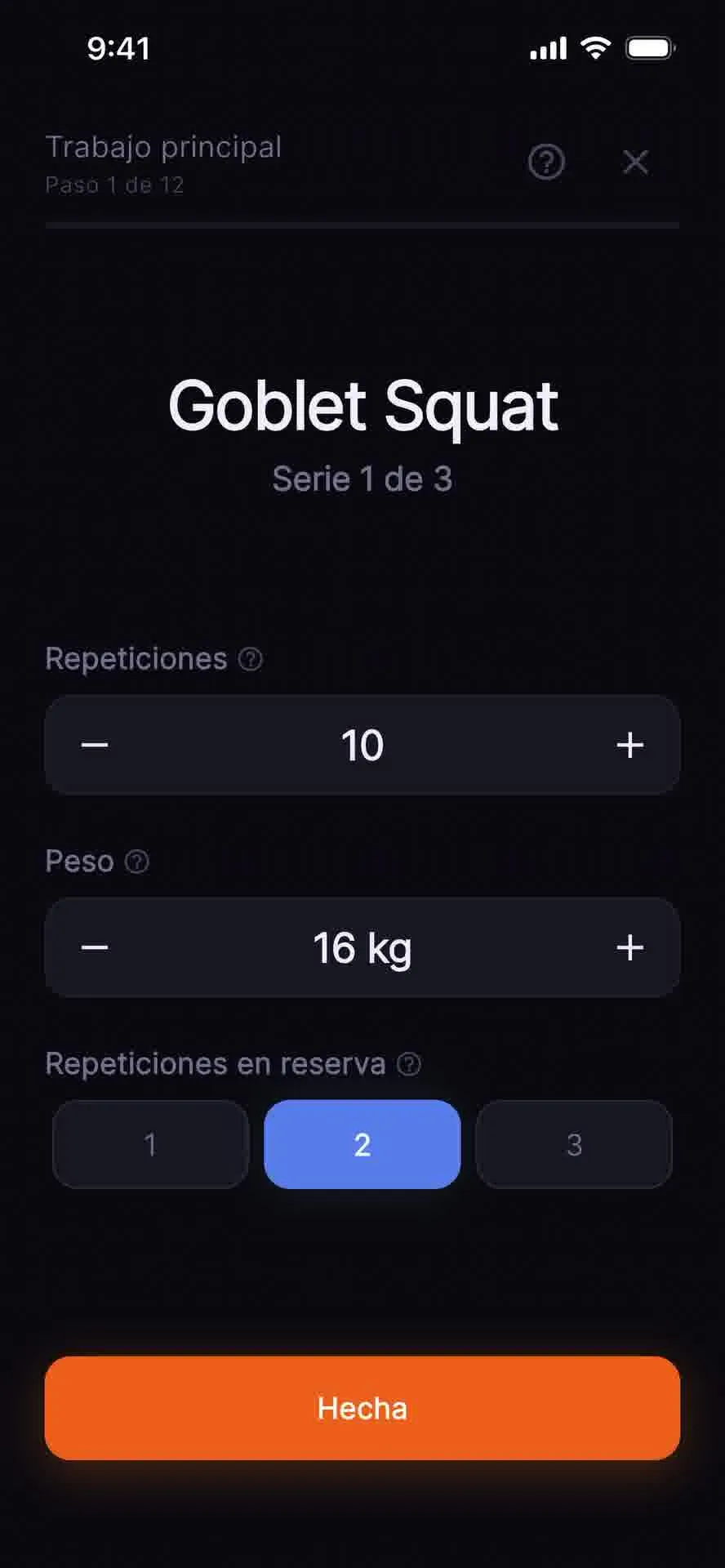 Pantalla de registro de serie con RIR en Dose: Kettlebells